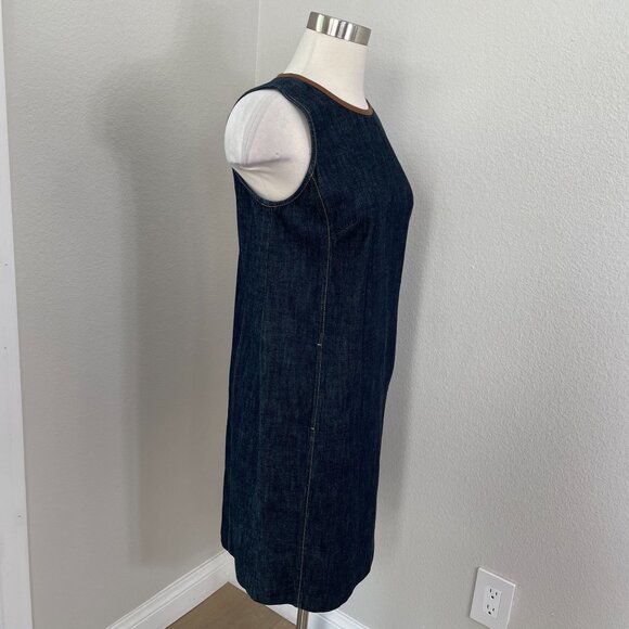Lauren Ralph Lauren Womens 4 Denim Shift Dress Sheep Leather Trim Sleeveless - Picture 4 of 13